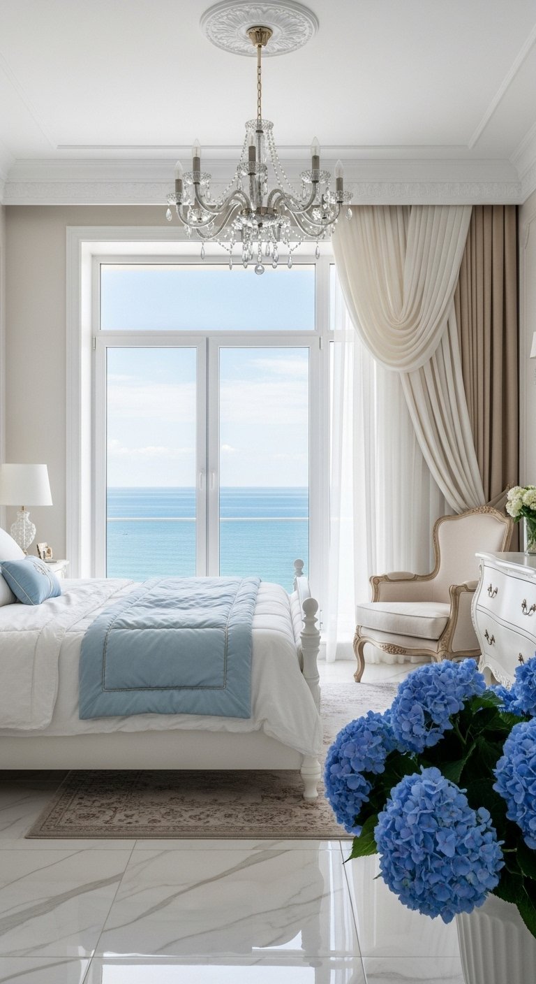 Décoration chambre femme classique avec vue sur la mer et lustre en cristal