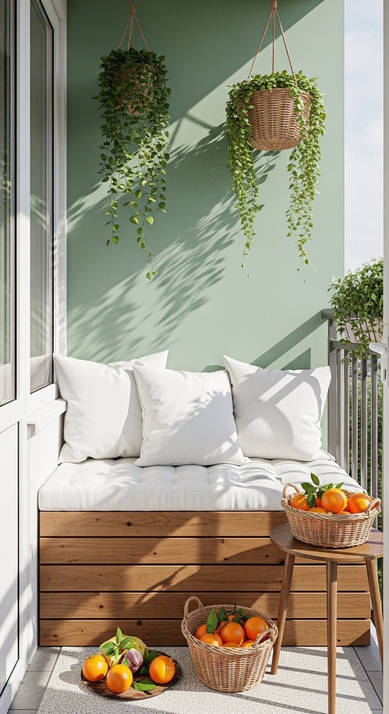 Decoration petit balcon minimaliste avec banquette en bois et coussins blancs mur vert sauge