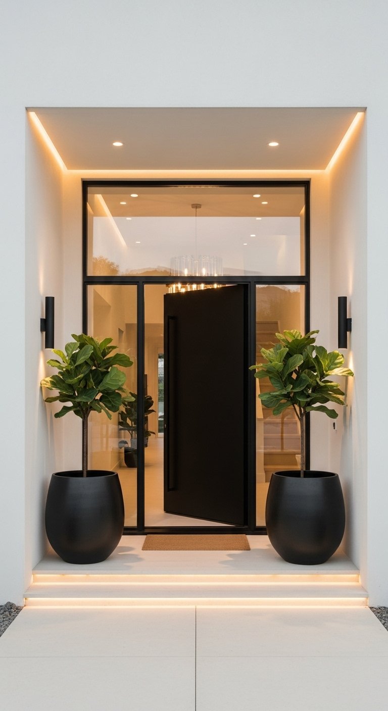 Entree exterieure sombre avec banc en bois flottant et appliques en laiton