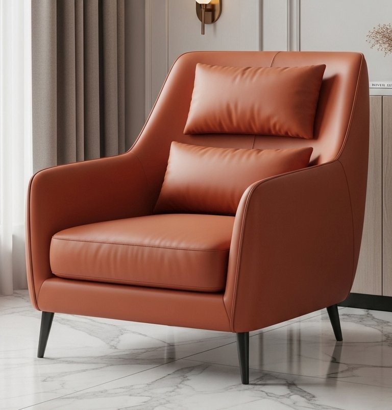 Fauteuil club moderne en cuir couleur terracotta avec des pieds noirs fins