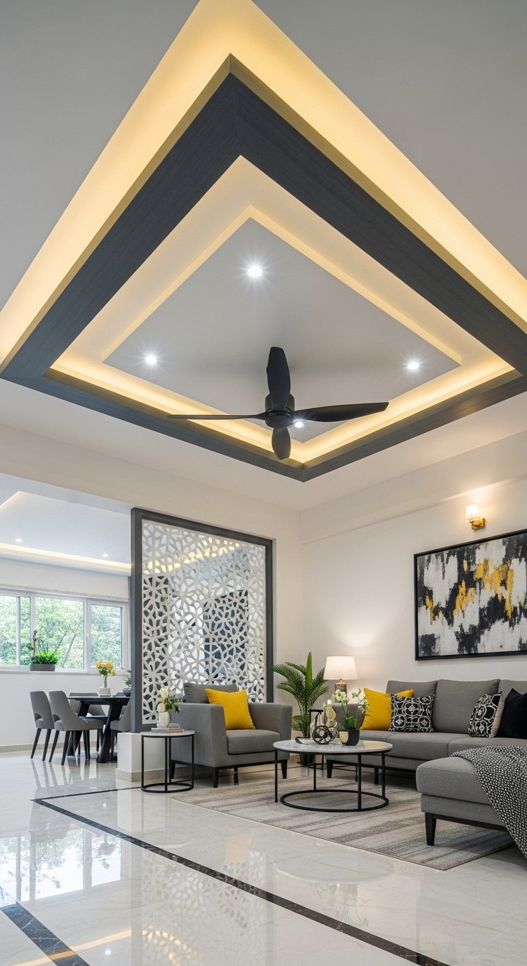 Faux plafond carré avec bordure grise et ventilateur noir au centre