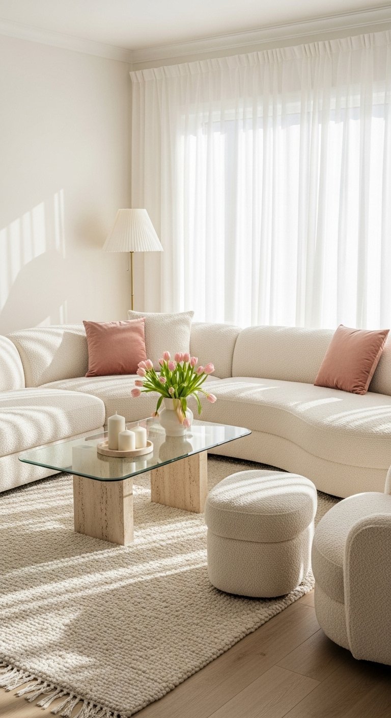 Grand canapé modulable blanc en tissu bouclé avec table basse en travertin