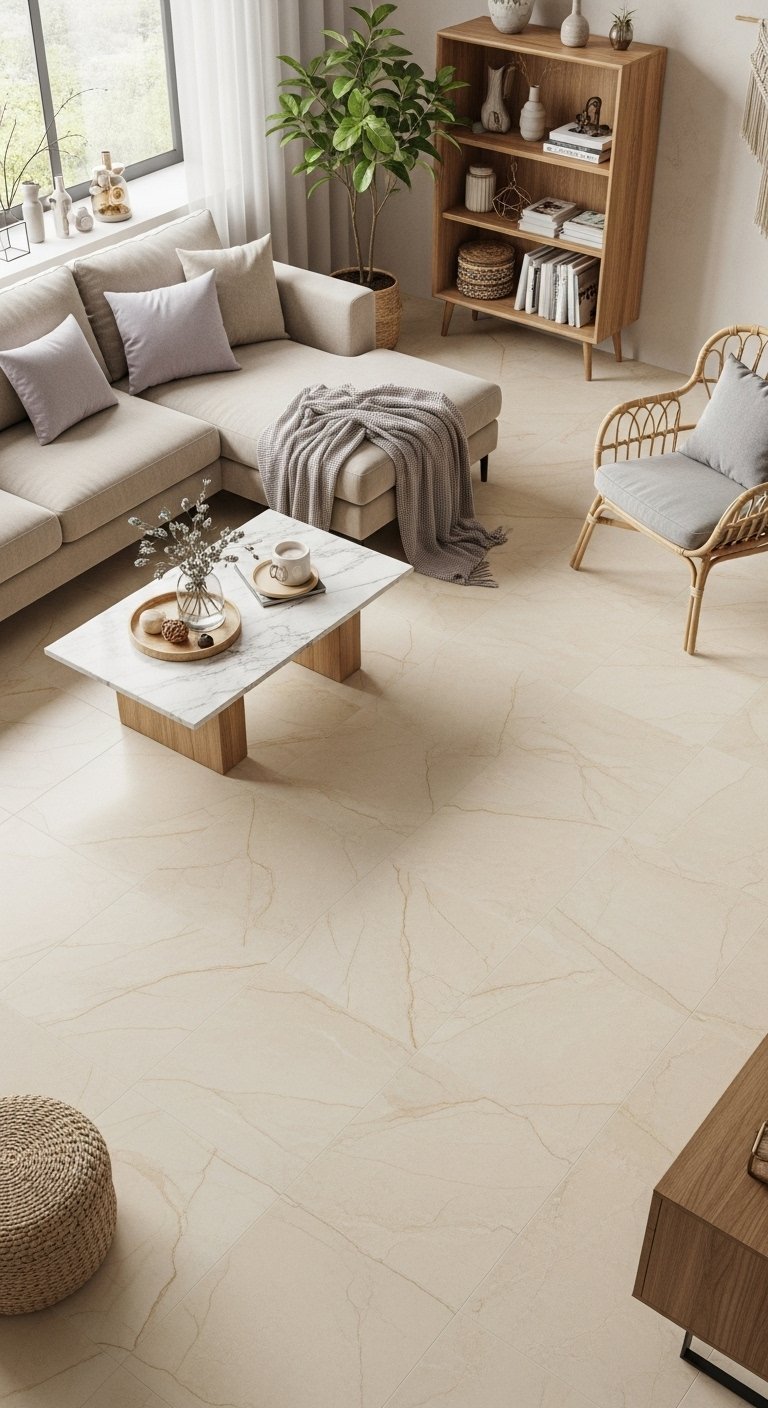 Grand carrelage beige effet pierre naturelle dans un salon lumineux style bohème