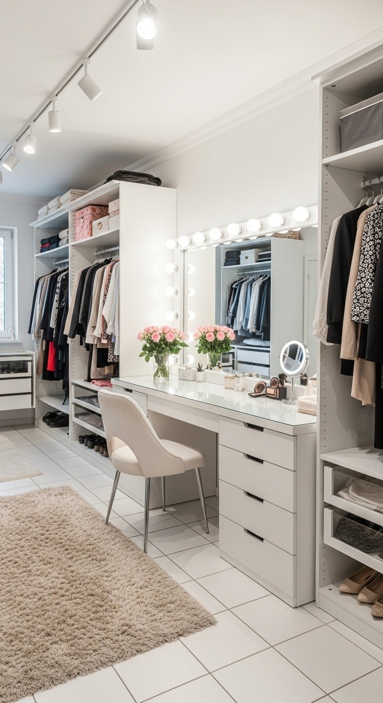 Grand dressing blanc avec coiffeuse intégrée et miroir à ampoules