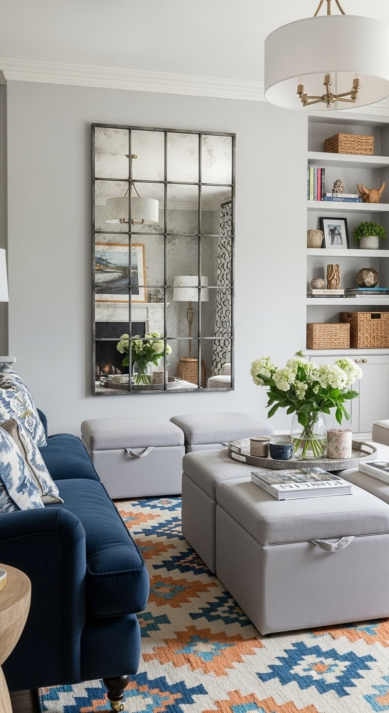 Grand miroir de style industriel fenêtré avec cadre en métal noir au dessus de poufs gris