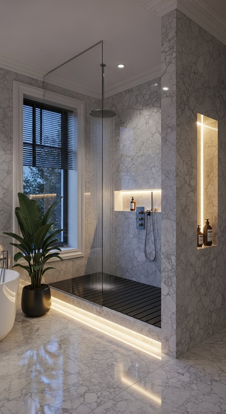 Grande douche à l italienne avec murs en marbre gris et niche éclairée