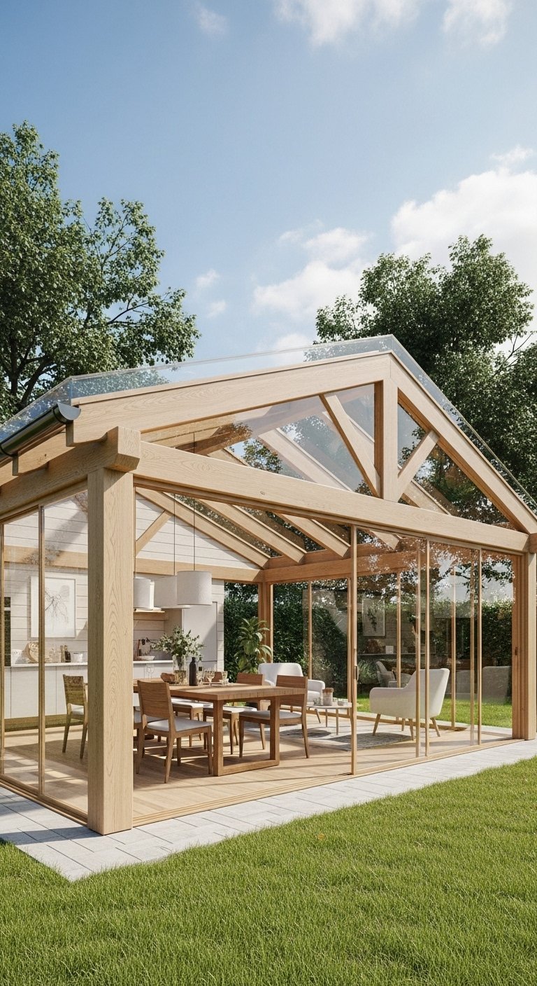 Grande véranda à structure en bois clair servant de salle à manger