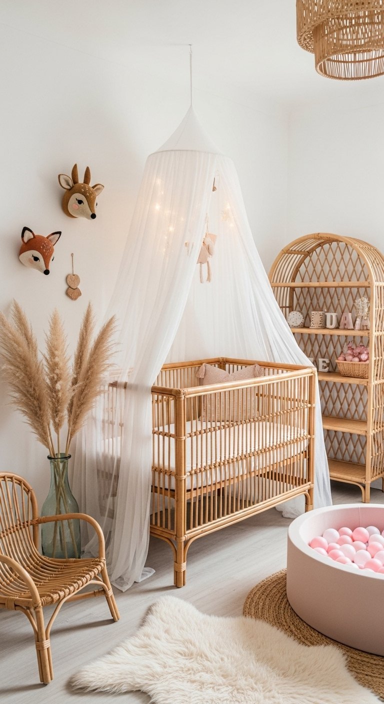 Lit bebe en rotin avec voilage lumineux et etagere en rotin