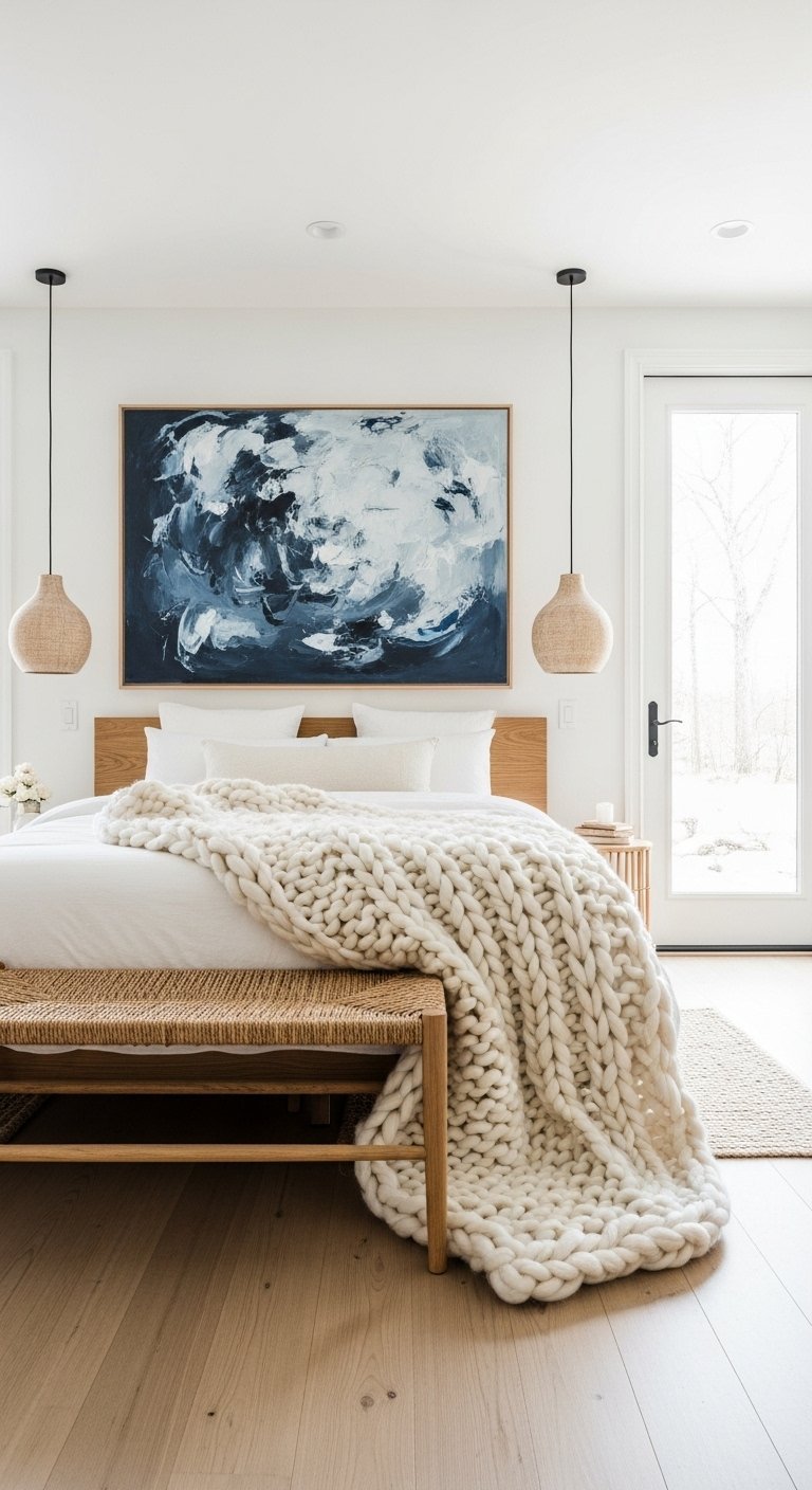 Lit en bois clair avec plaid en grosse maille et tableau abstrait