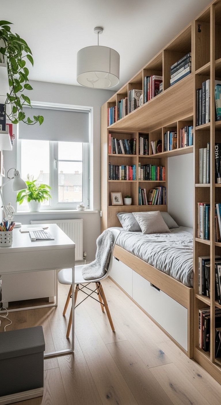 Lit encastré dans une grande bibliothèque en bois clair avec bureau blanc