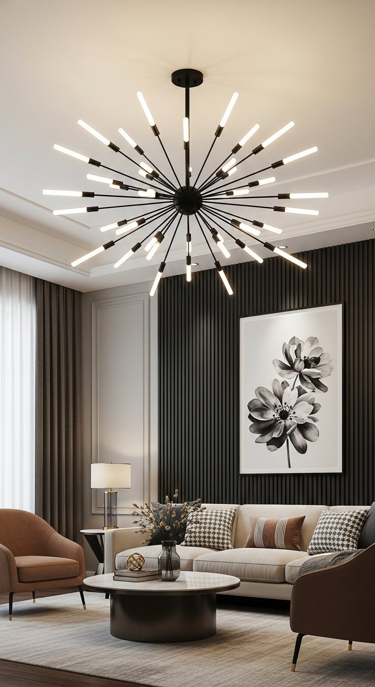 Lustre moderne noir style spoutnik dans un salon élégant