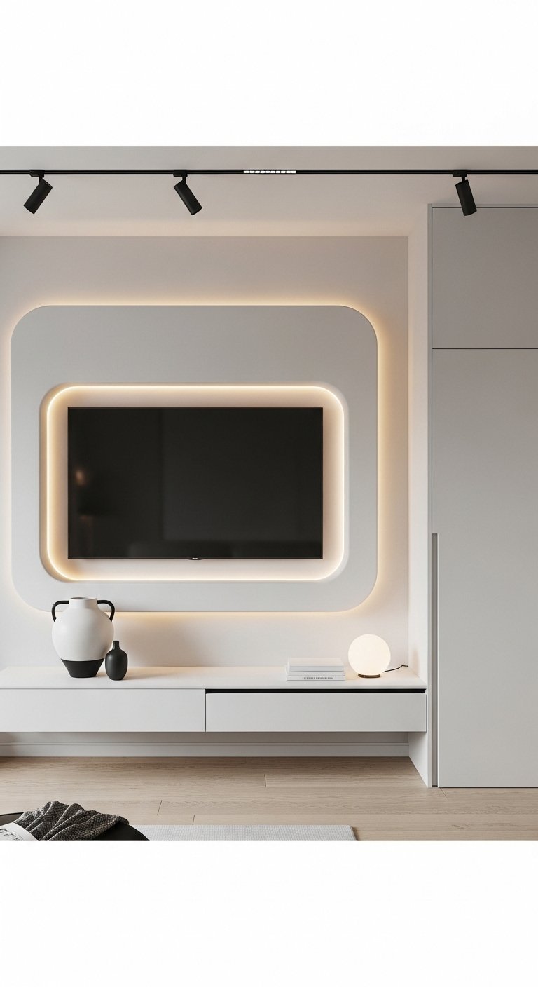 Mur TV minimaliste blanc avec rétroéclairage LED et meuble suspendu