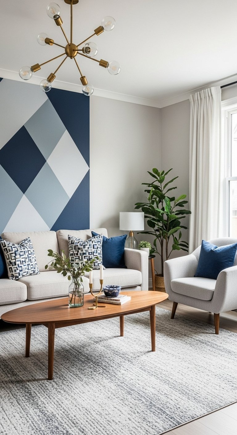 Mur d accent geometrique bleu et gris dans un salon moderne