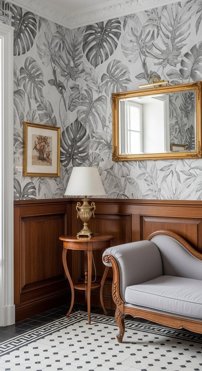 Papier peint a motif de feuilles de Monstera en noir et blanc dans un interieur classique