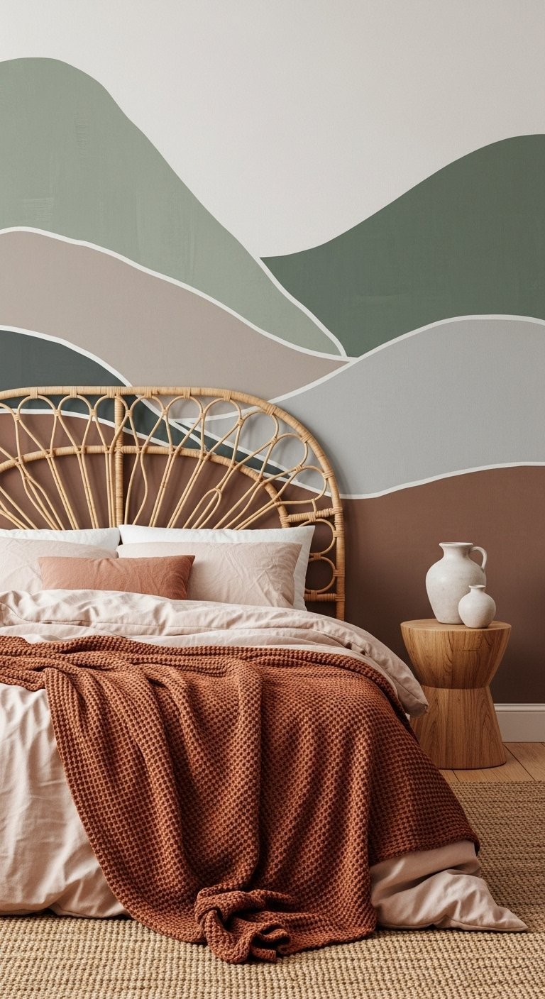 Papier peint mural abstrait style paysage aux tons terreux avec lit en rotin