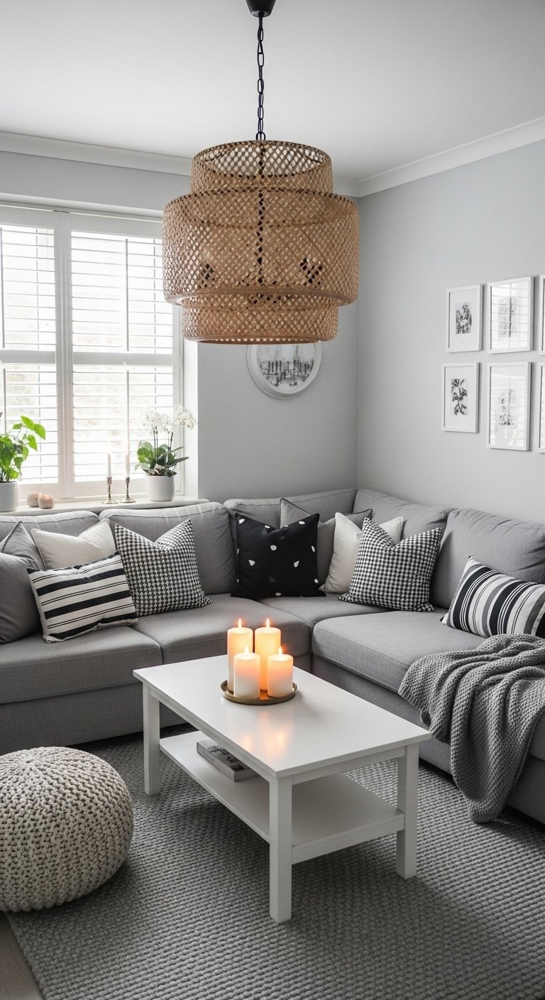 Petit salon gris avec canapé d angle et grand lustre en rotin
