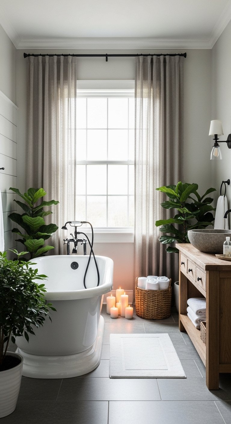 Salle de bain campagne chic avec baignoire ilot et meuble en bois