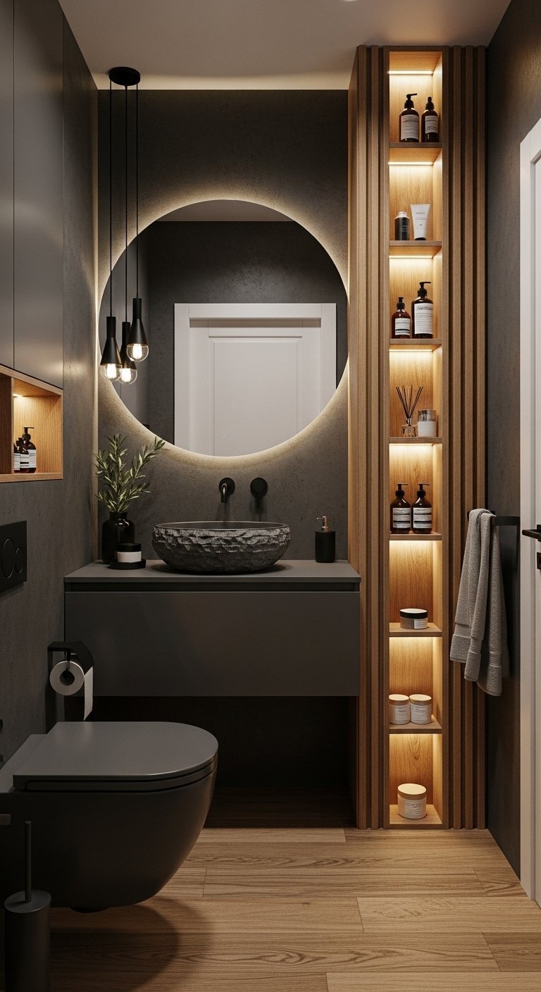 Salle de bain design avec grand miroir rond retroeclaire et mur en bois