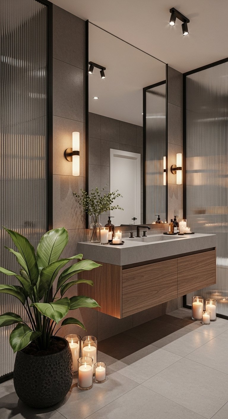 Salle de bain moderne avec meuble en bois suspendu et bougies