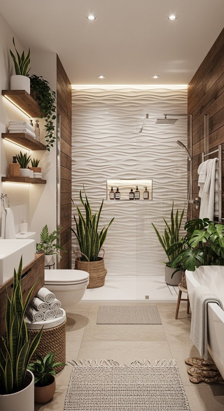Salle de bain nature avec murs en bois et carrelage blanc vague