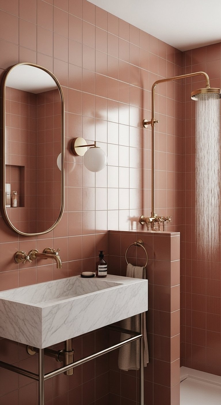 Salle de bain tendance terracotta avec vasque en marbre et douche dorée