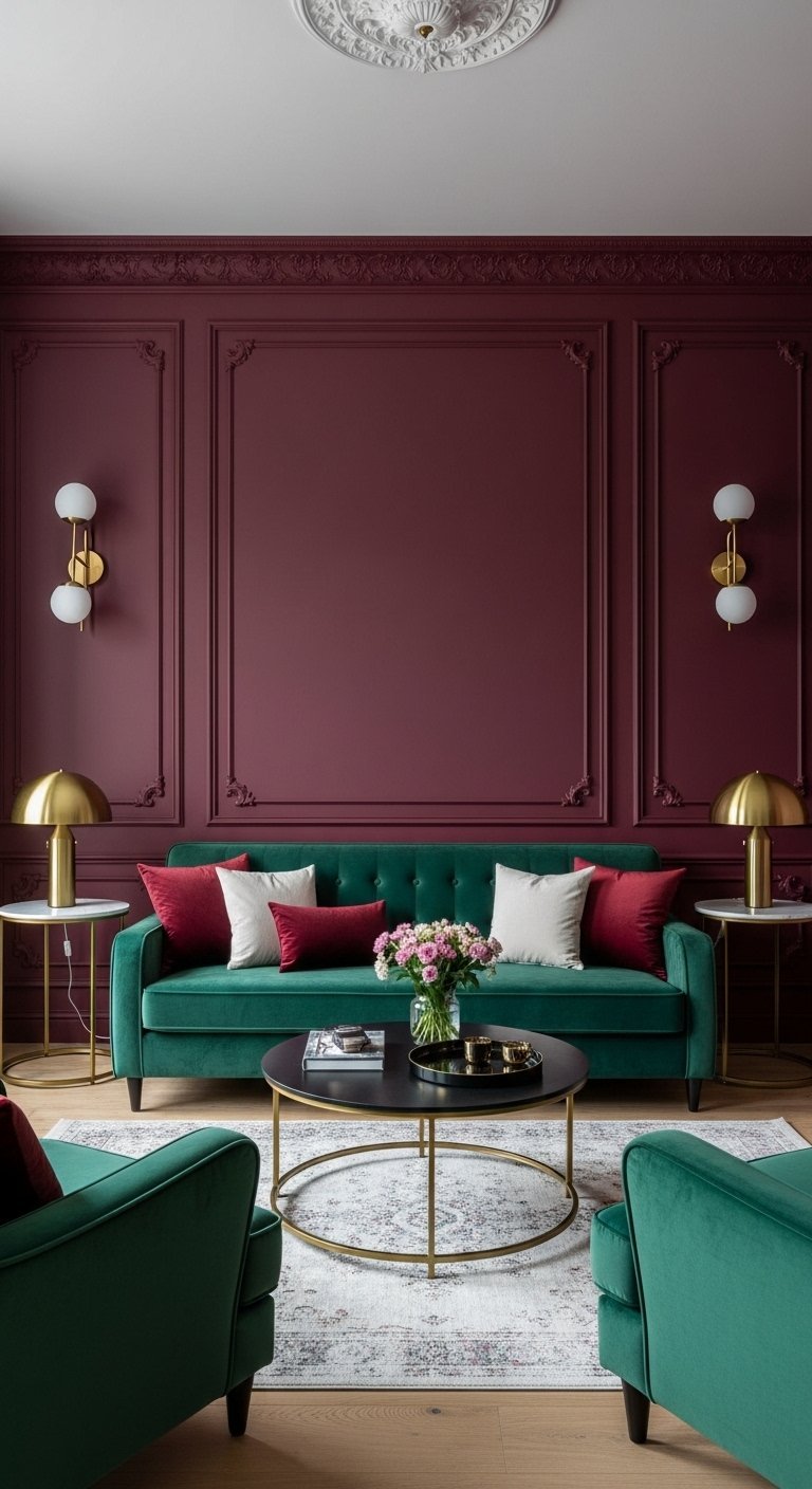 Salon avec mur bordeaux fonce et moulures associe a un canape vert