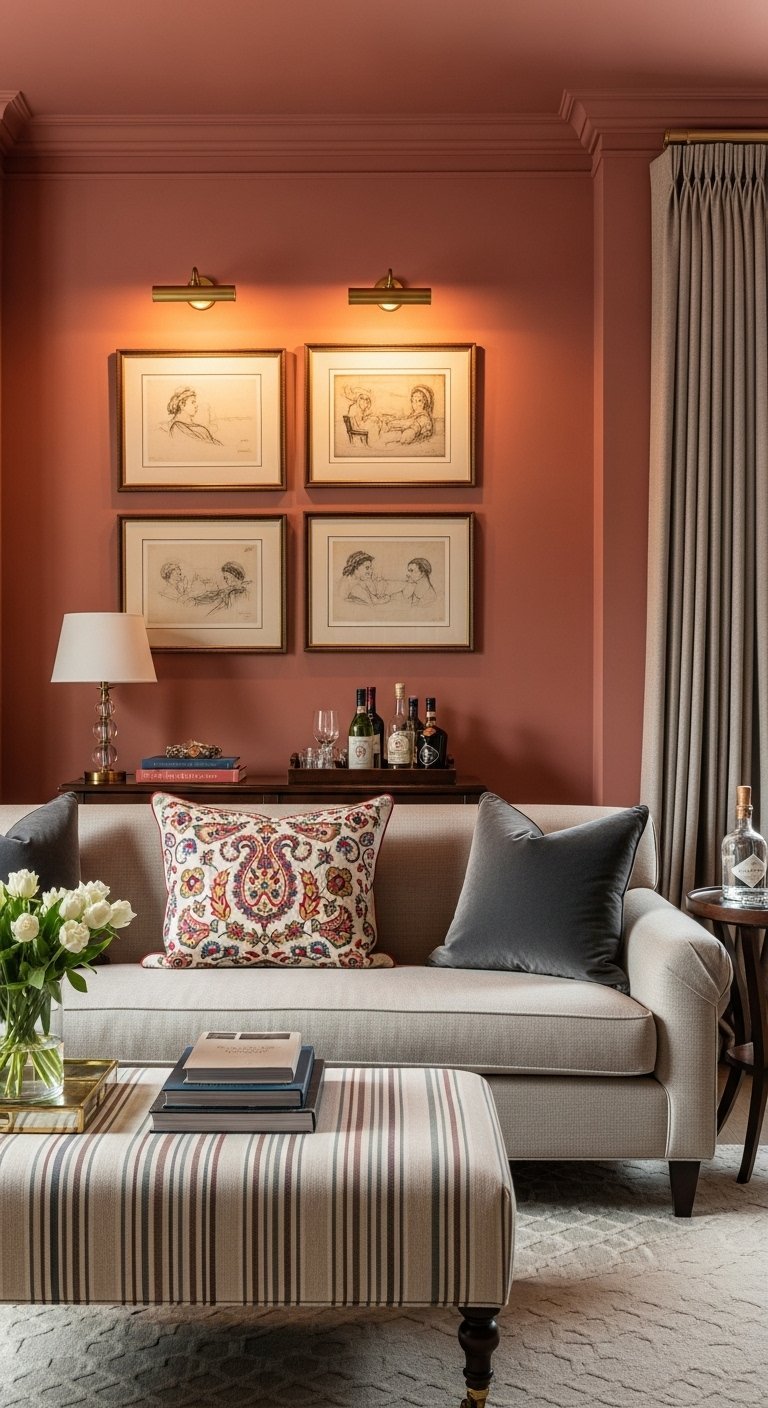 Salon classique avec murs terracotta rose canape beige et pouf raye