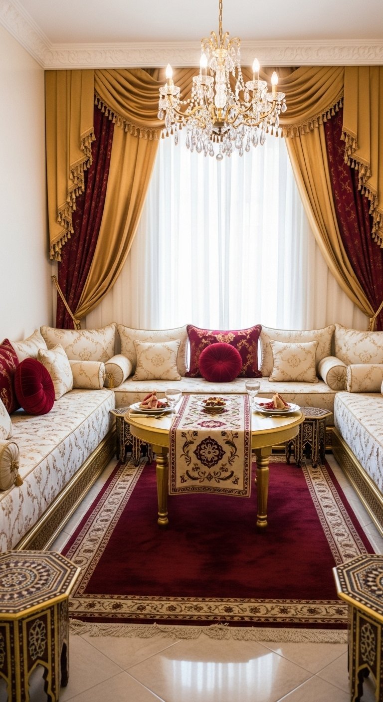 Salon marocain traditionnel de luxe avec sedari crème et or et coussins en velours rouge