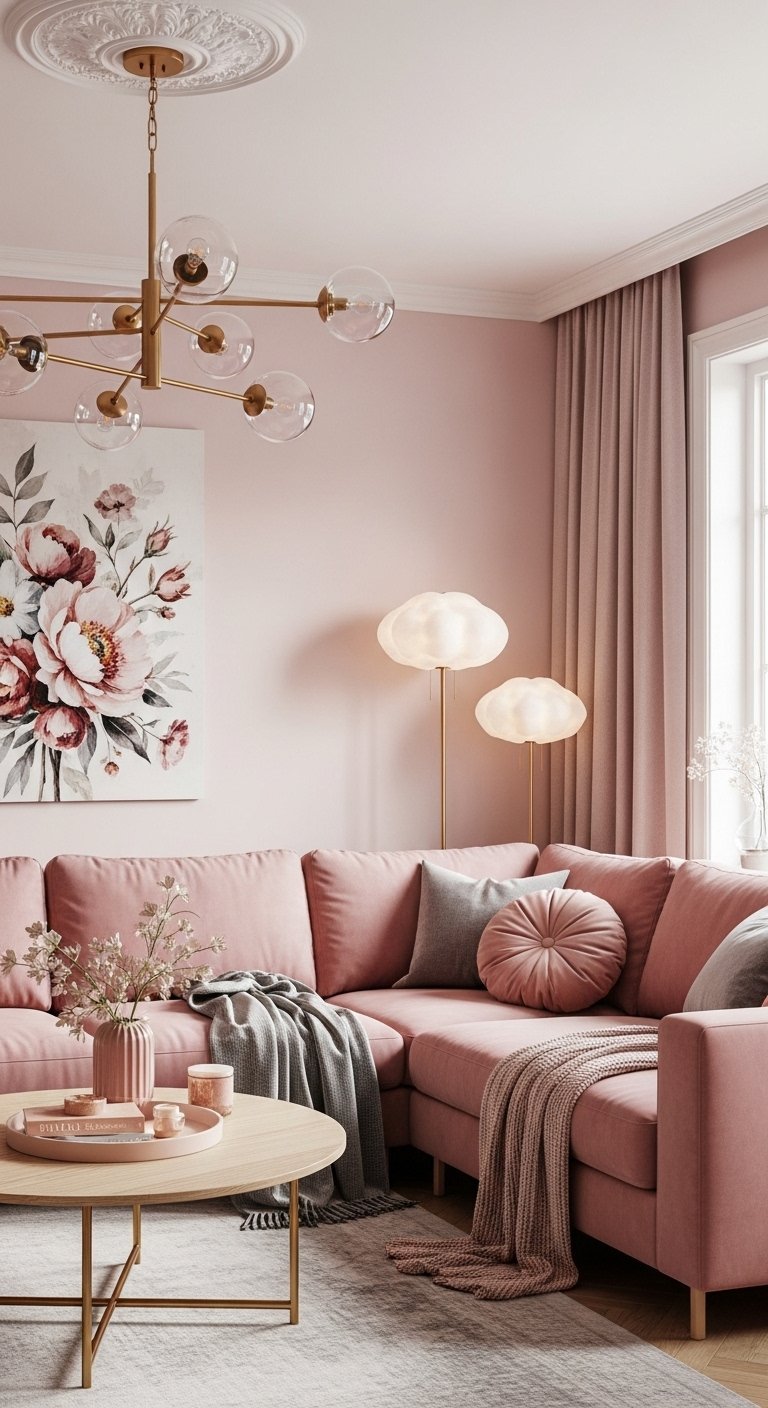 Salon moderne avec canape d angle rose et grand tableau de fleurs