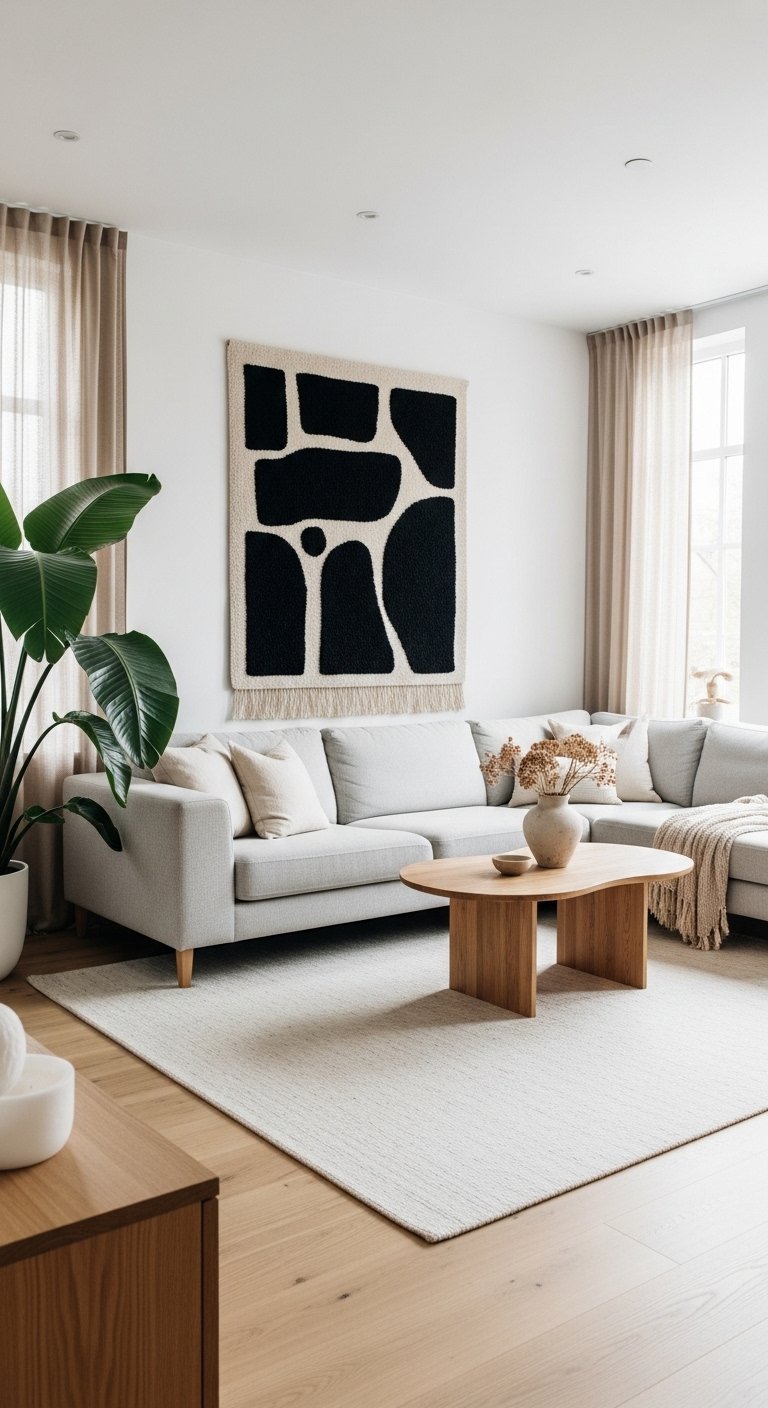 Salon moderne de style scandinave avec canapé gris et tenture murale abstraite.