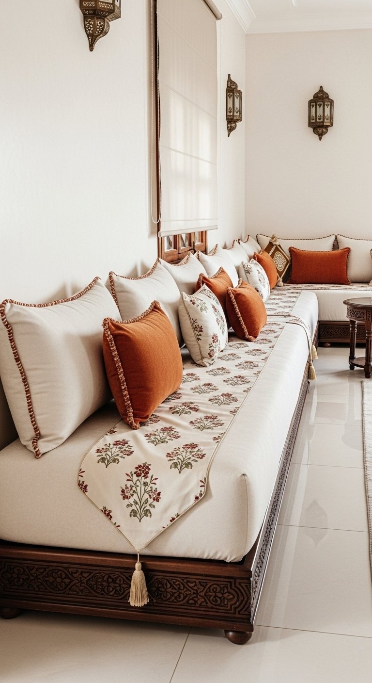 Sedari beige avec coussins orange brûlé et base en bois sculpté