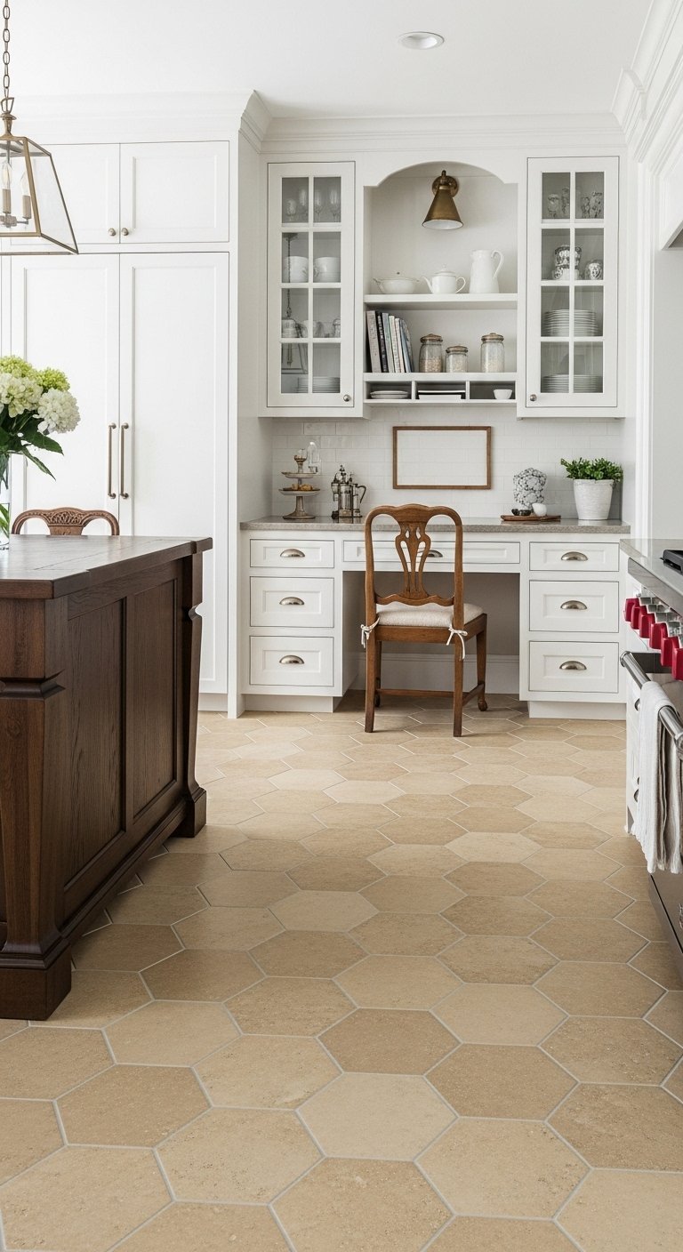 Sol de cuisine en carrelage hexagonal beige avec armoires blanches