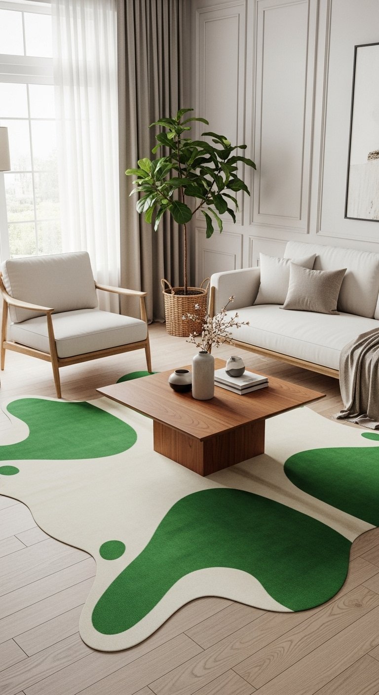 Tapis de salon blanc avec de grandes formes organiques vertes dans un décor minimaliste