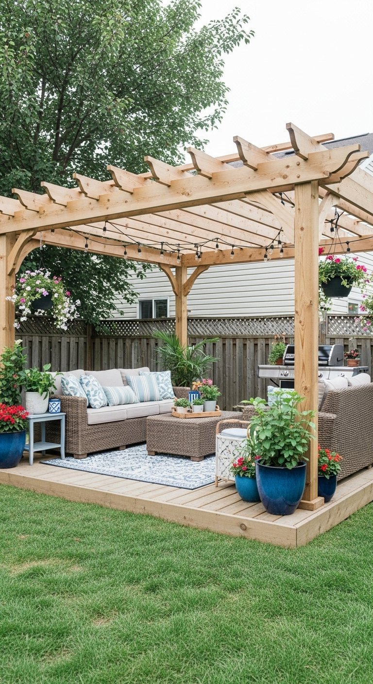 Terrasse surélevée avec pergola en bois et salon de jardin en résine tressée