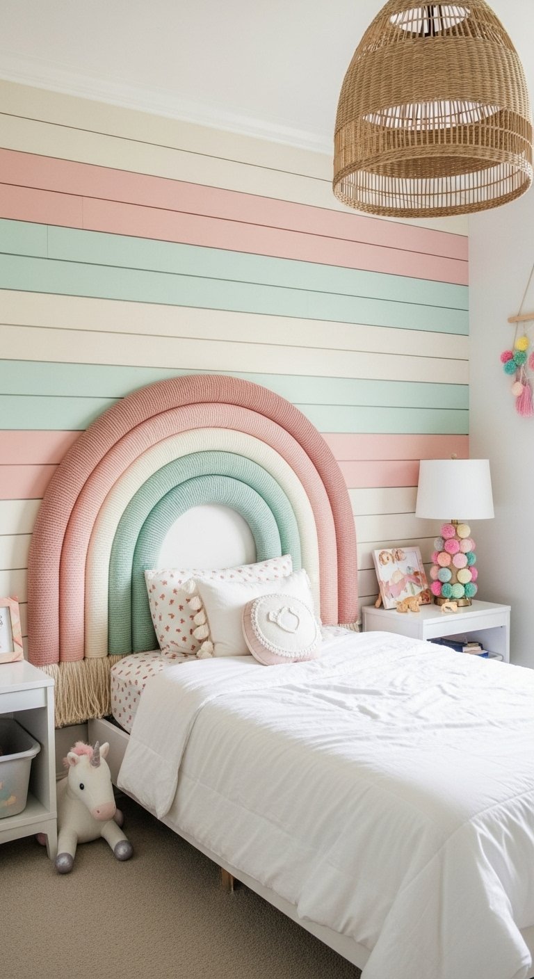 Tete de lit arc en ciel pastel dans une chambre de petite fille