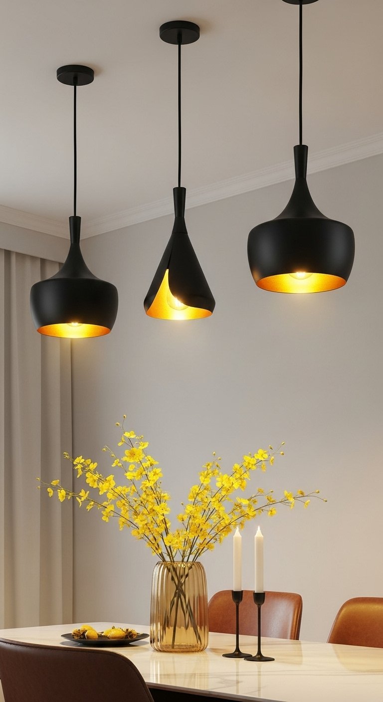 Trio de suspensions luminaires noires avec intérieur doré au dessus d une table