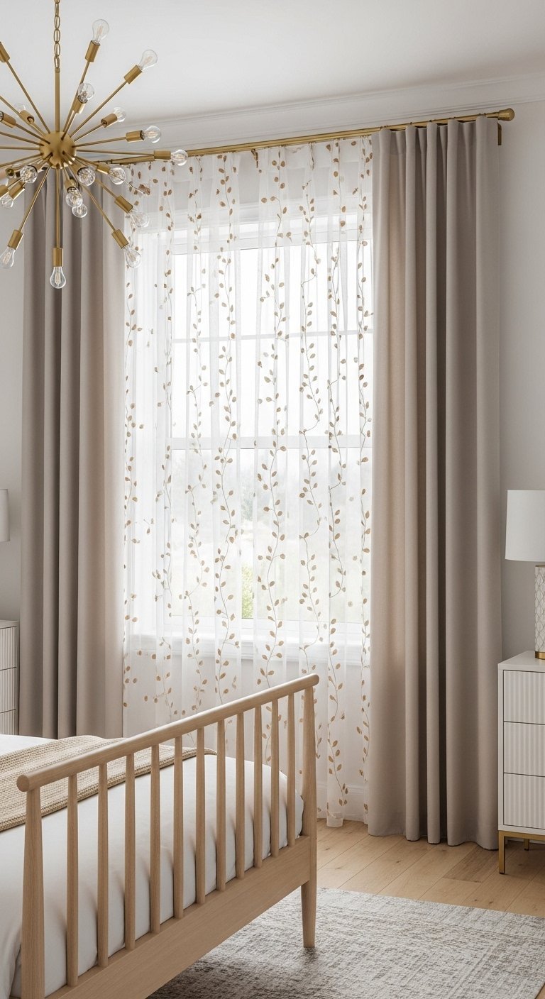 Voilage blanc brode de motifs vegetaux dores avec des rideaux beiges