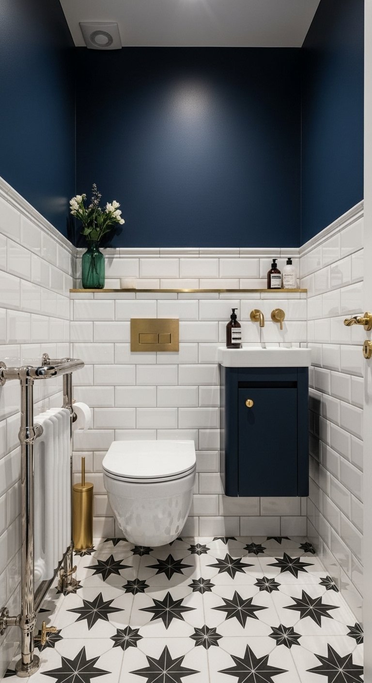 WC avec carrelage métro blanc mur bleu marine et sol à motifs étoiles