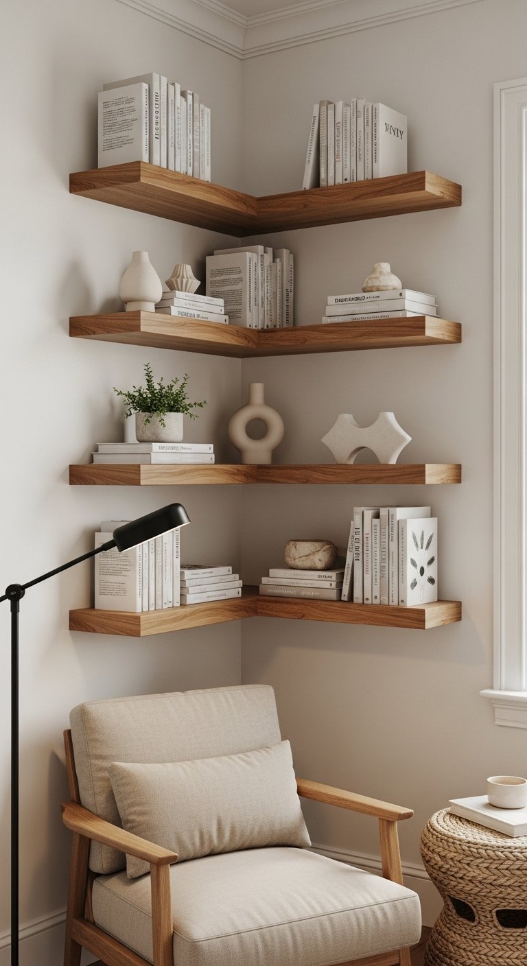 Bibliothèque blanche asymétrique intégrée dans un mur avec un rétroéclairage chaleureux