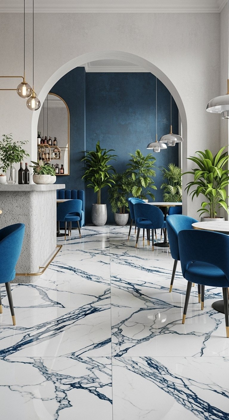 Carrelage effet marbre blanc avec veines bleues intenses dans un salon chic
