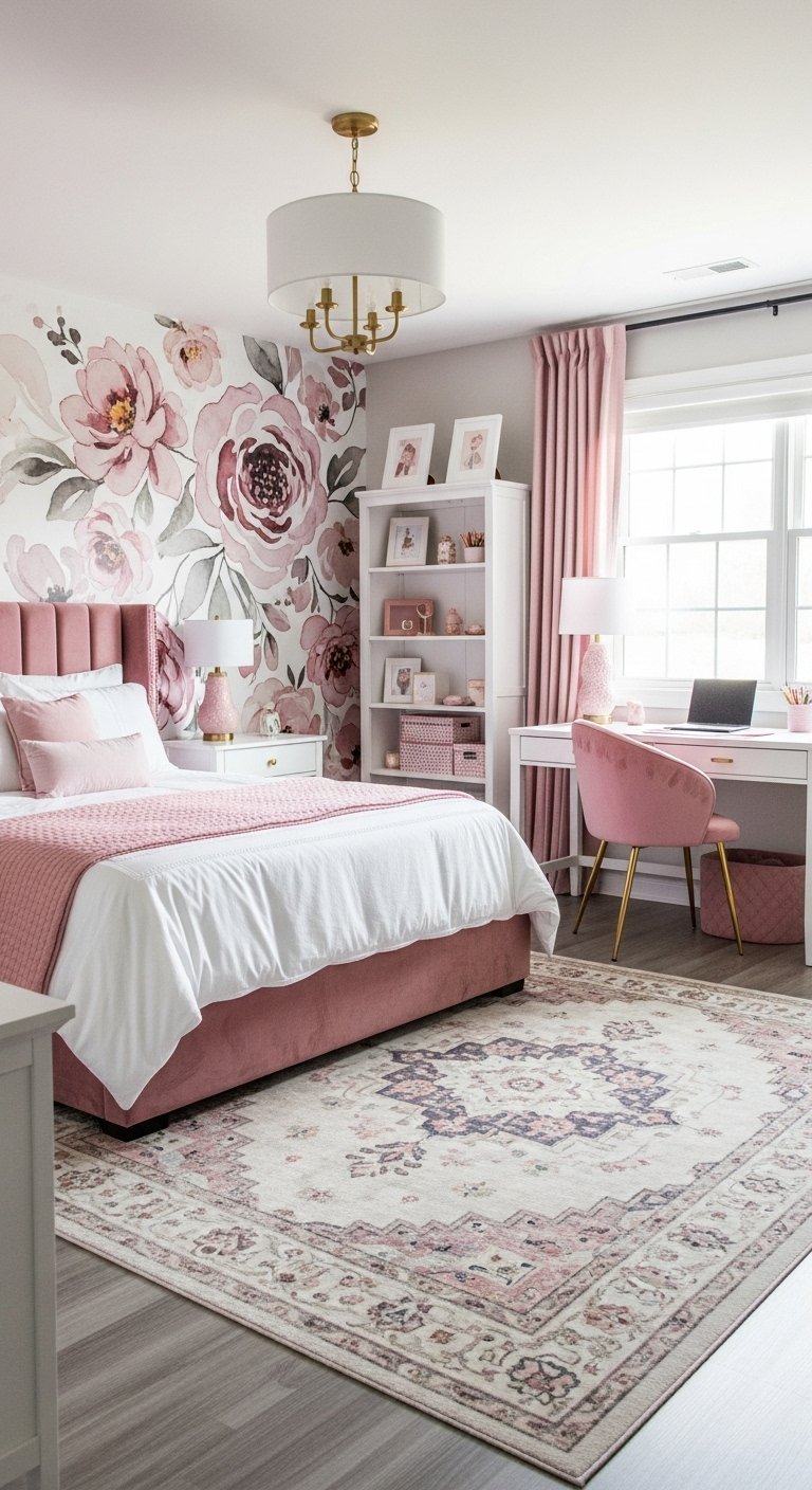 Chambre avec mur d accent au papier peint floral rose et lit en velours