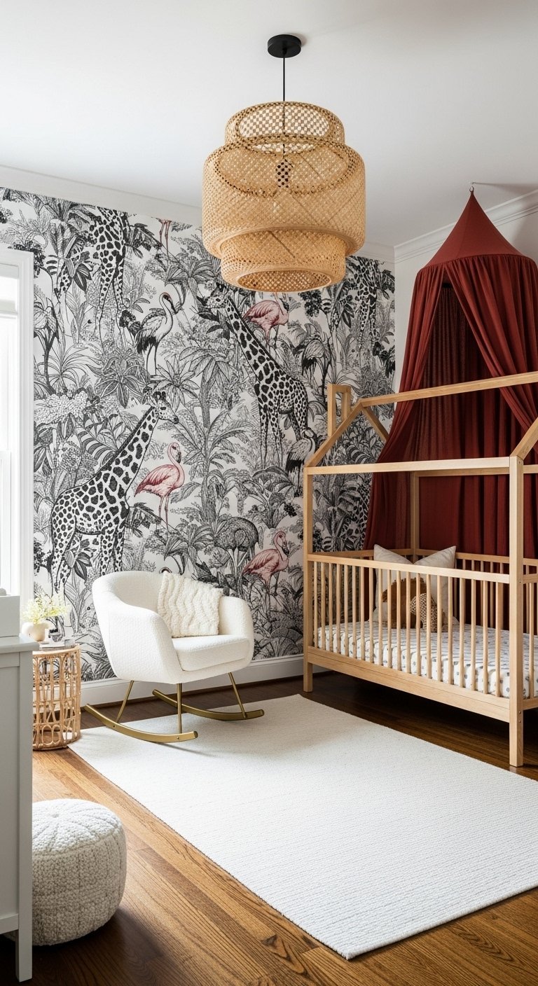 Chambre bebe naturelle avec lit cabane en bois et papier peint jungle