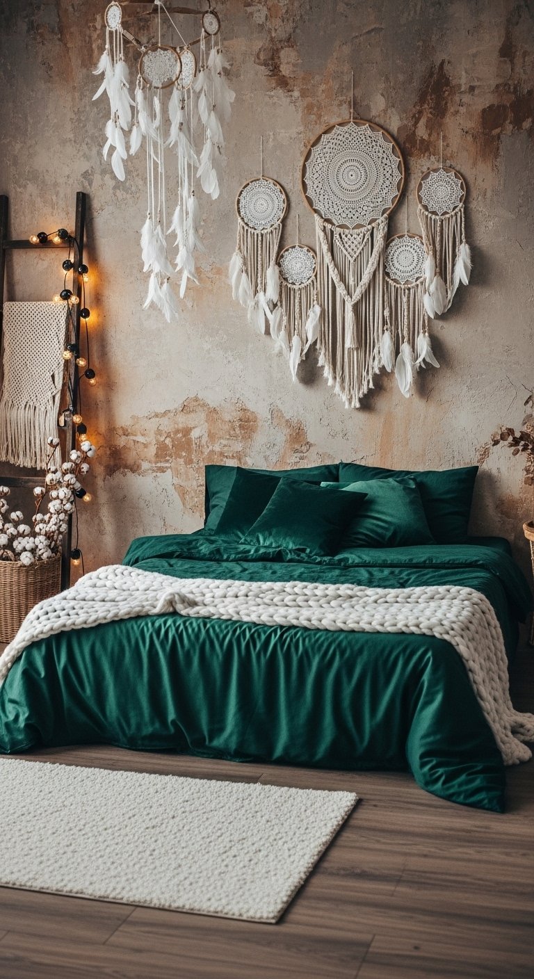 Chambre boheme avec parure de lit en velours vert emeraude et capteurs de reves