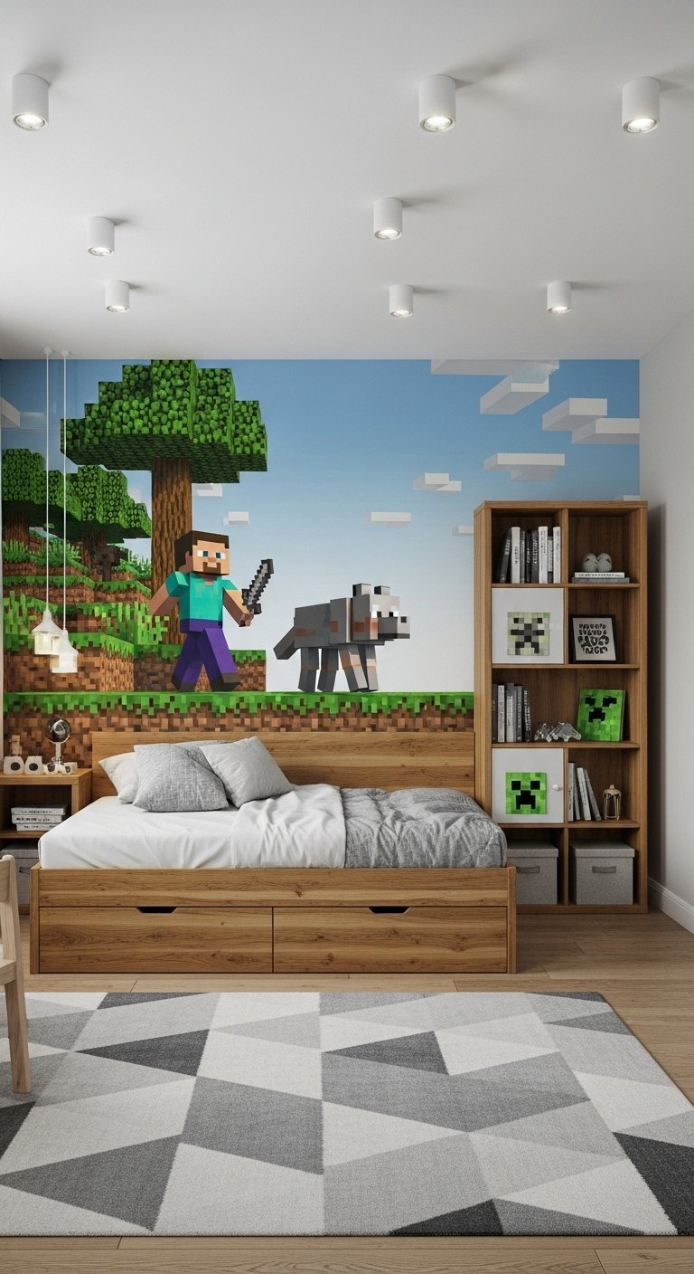 Chambre de garçon sur le thème de Minecraft avec lit en bois et fresque murale pixélisée