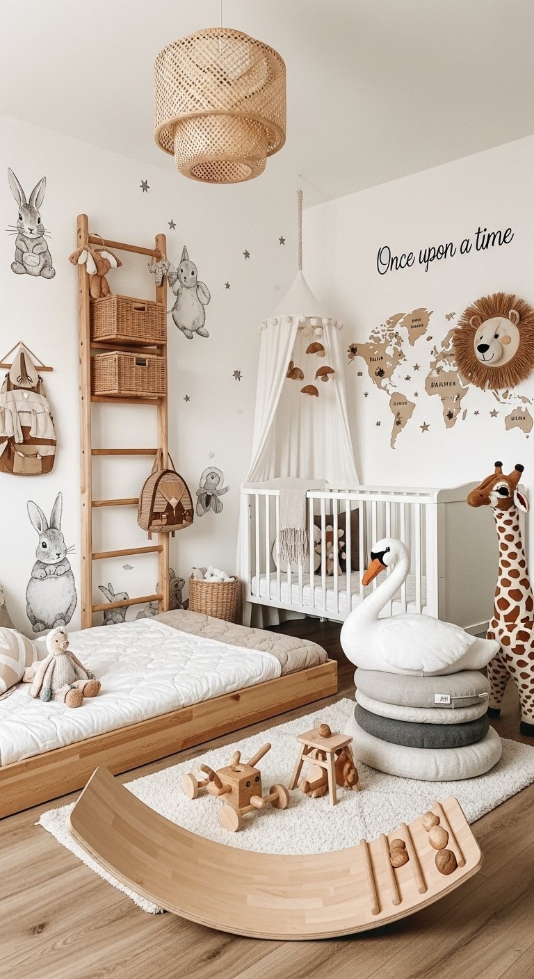 Chambre enfant Montessori avec lit au sol et décoration aventure