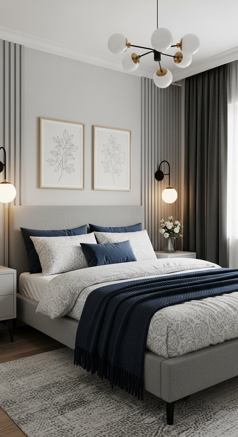 Chambre grise et bleue avec mur à tasseaux et appliques murales design