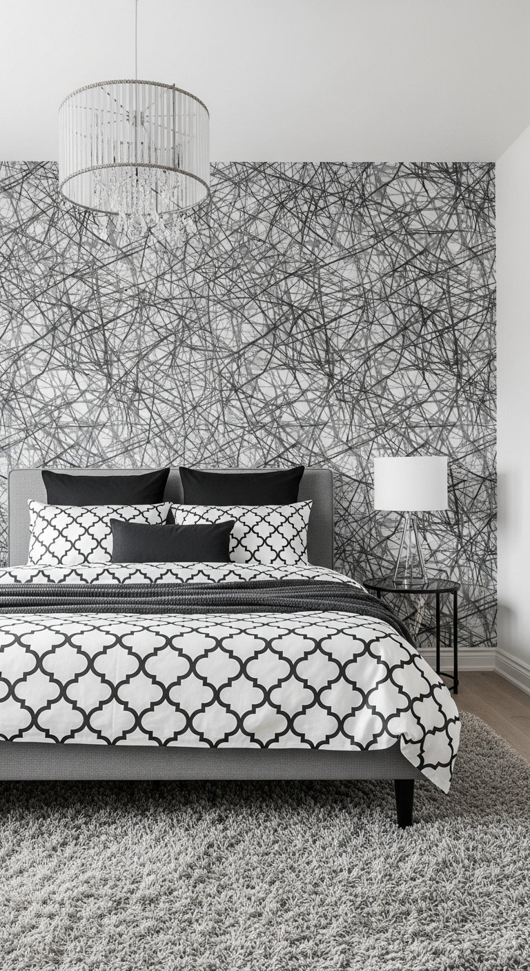 Chambre moderne avec papier peint a motif abstrait de lignes noires entrelacees