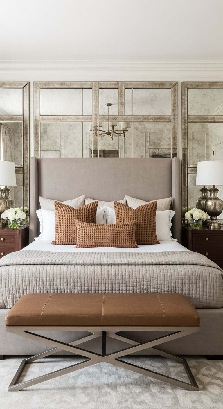 Chambre moderne et luxueuse avec lit gris et banc en cuir cognac