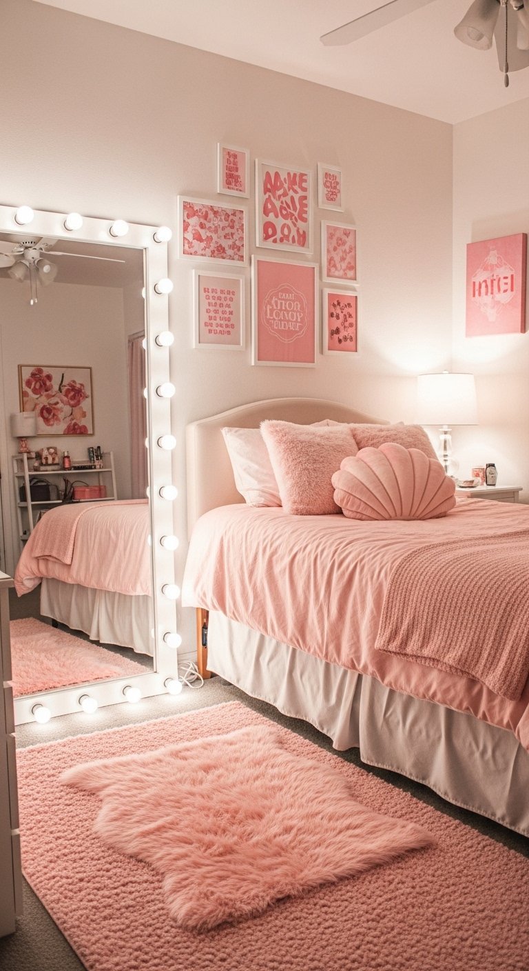 Chambre rose avec un grand miroir hollywoodien et un tapis en fausse fourrure