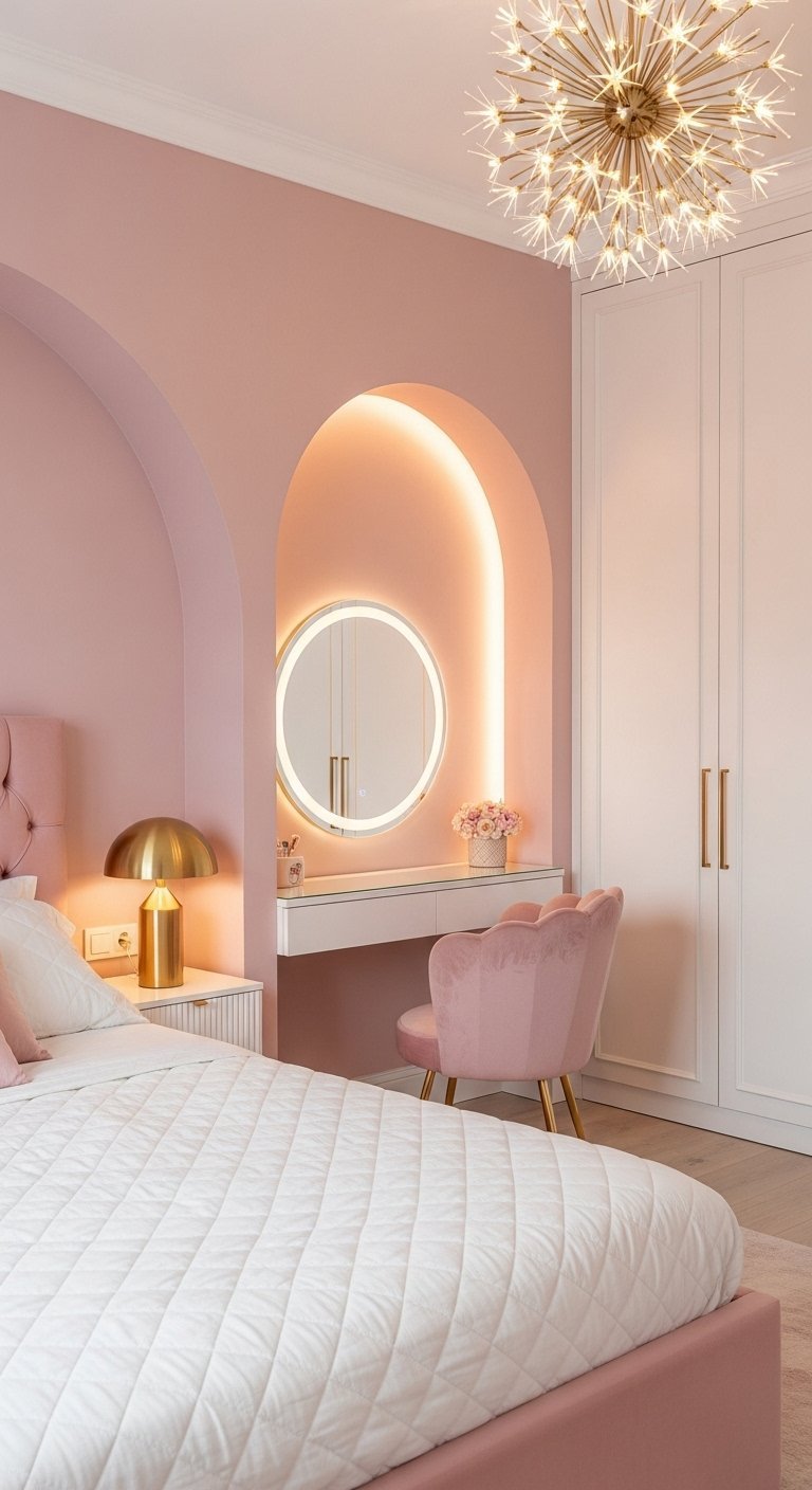 Chambre rose avec une coiffeuse intégrée dans une niche en arche et un miroir rond lumineux